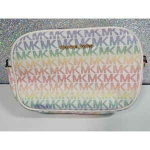 Michael Kors Rainbow Pride MK Monogram Logo Jet Set Crossbody Bag White Gold